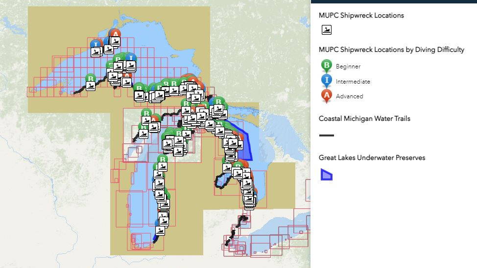 Map showing some of the shipwreck locations in the Great Lakes